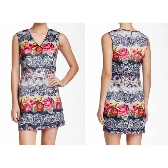 Cynthia Steffee Sz 2 Floral Pixelated Rose Print Shift Sheath Dress V Neck - Picture 1 of 7